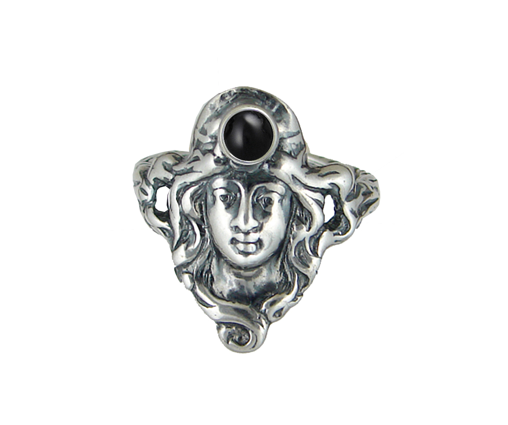 Sterling Silver Garden Woman Maiden Ring With Black Onyx Size 8